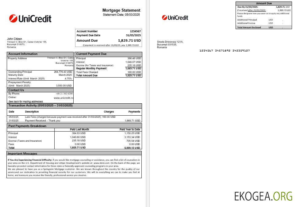 Relevé hypothécaire de la banque Unicredit Roumanie aux formats Word et PDF